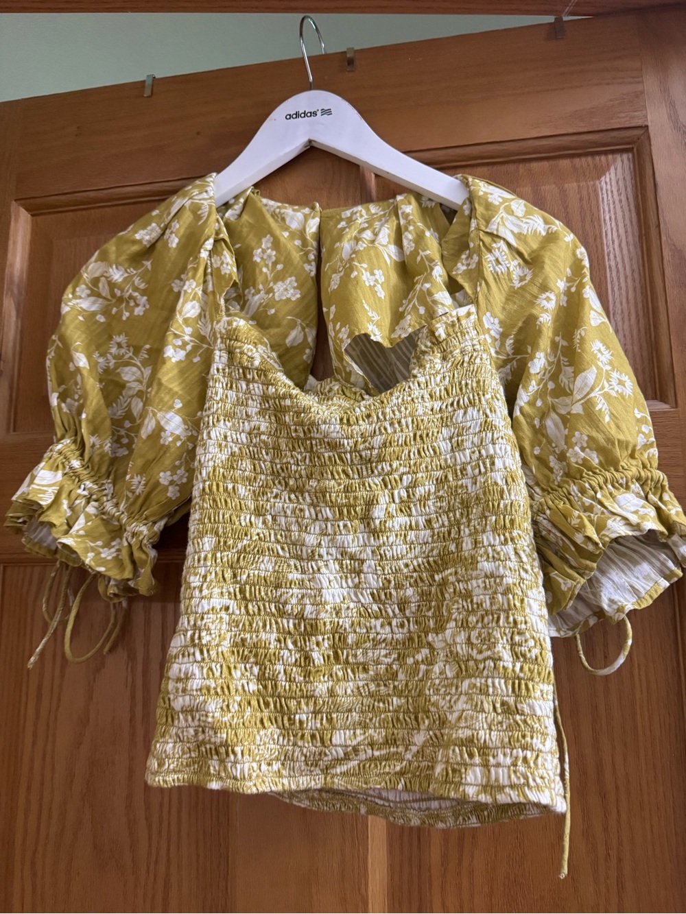 Anthropologie Chartreuse Floral Smocked Camisole with Puff Sleeves